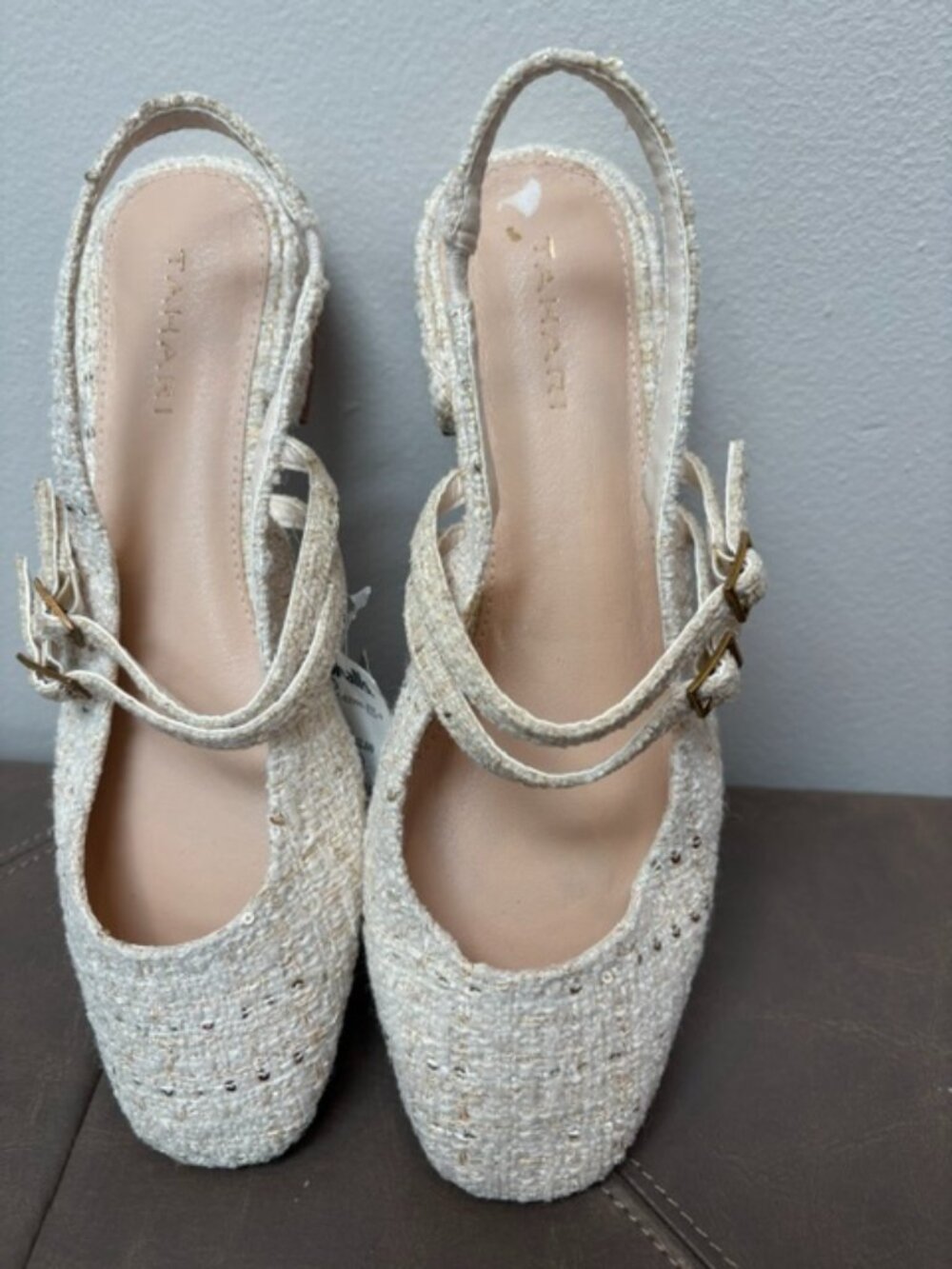 Tahari Password Ivory Tweed Buckle Slingback Mary Jane Flats Women's Size 8M NWT